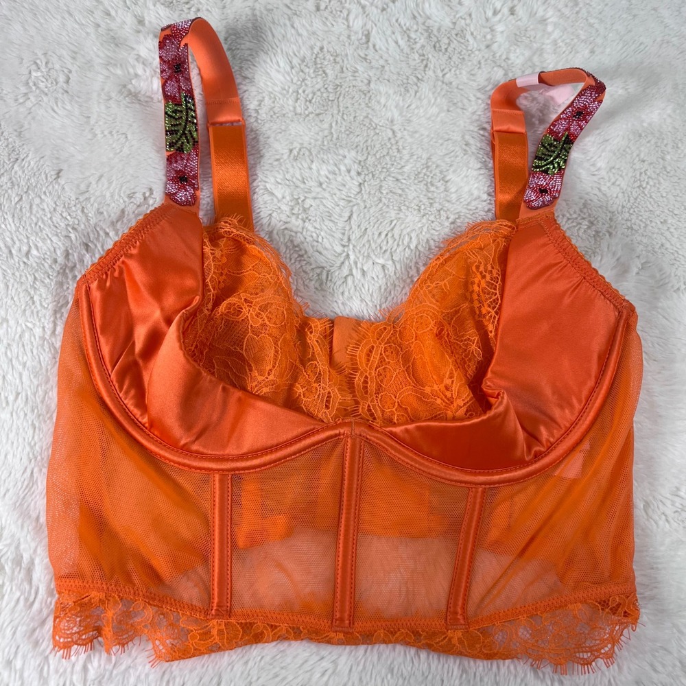 Victorias Secret Very Sexy Orange Lace Corset Top Rhinestone Straps Size 32D